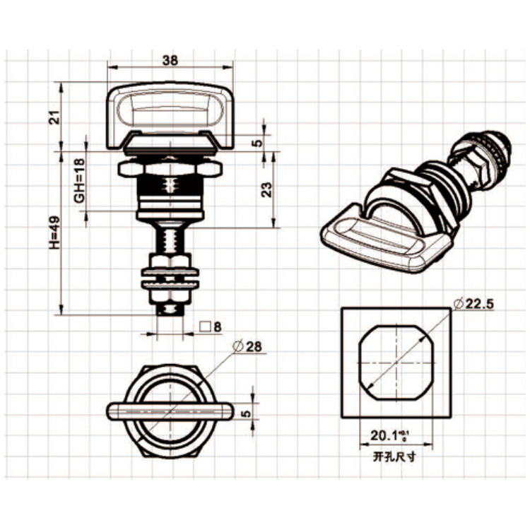 Knop Type Verstelbare Cam Lock-A6308-3